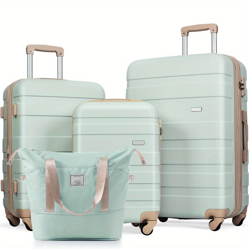Luggage Sets 4pcs, ABS Durable Suitcase with Travel Bag, Carry On Luggage Suitcase Set with 360° Spinner Wheels, grey green