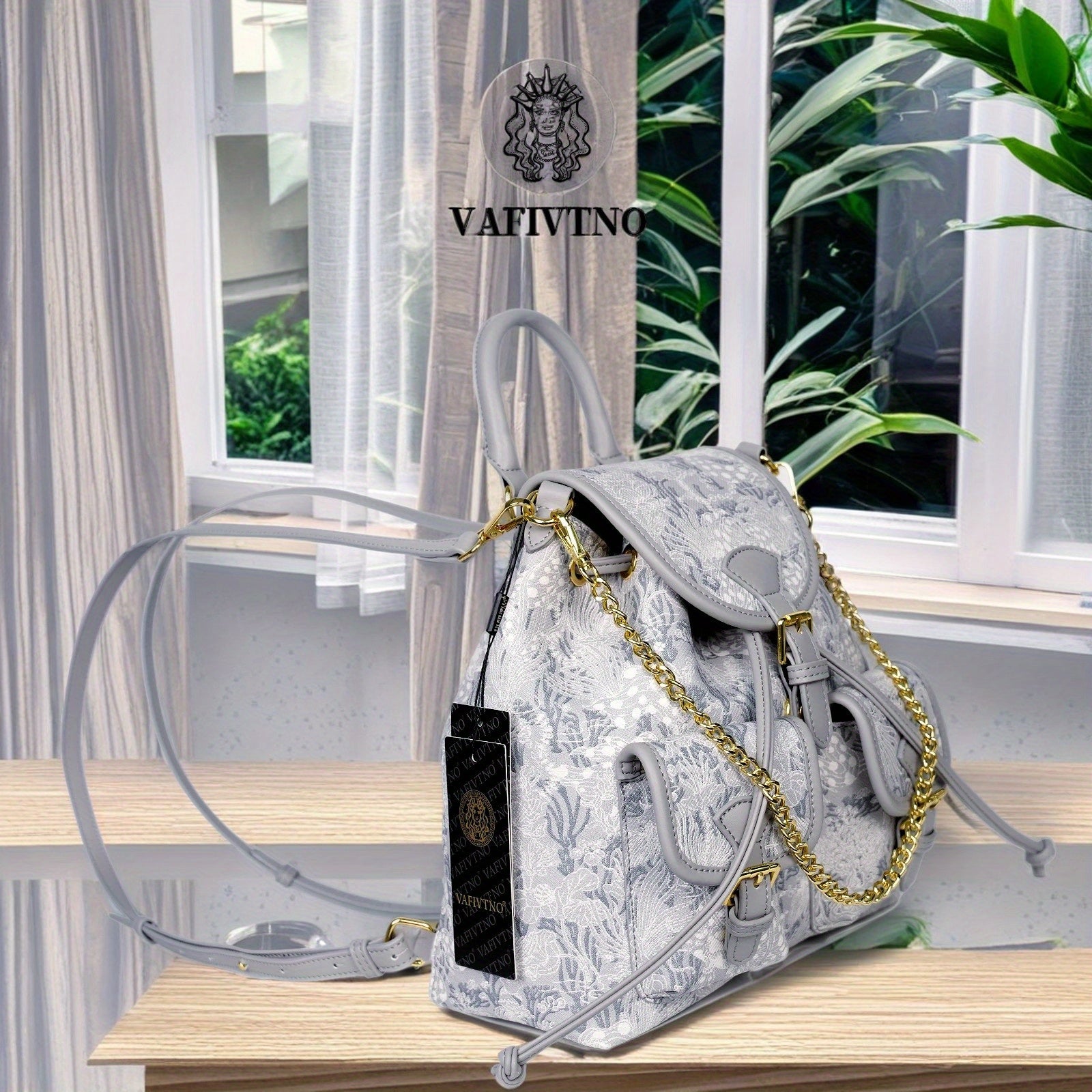 Women's Elegant Floral Print Crossbody Backpack - Convertible Shoulder Bag with Golden-Tone Hardware, Detachable Chain Strap & Wrist Strap, Secure Clasp Closure, Durable Second-Layer for Daily Use & Special Occasions