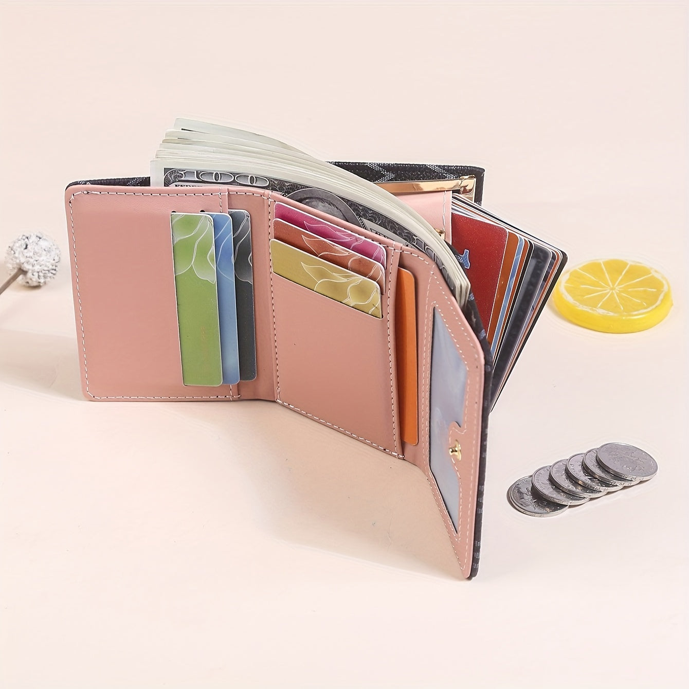 Elegant Mini Trifold Wallet - Stylish Letter Print, Snap Closure, Multiple Card Slots for Women (Available in Pink, White, Black, Dark Brown)