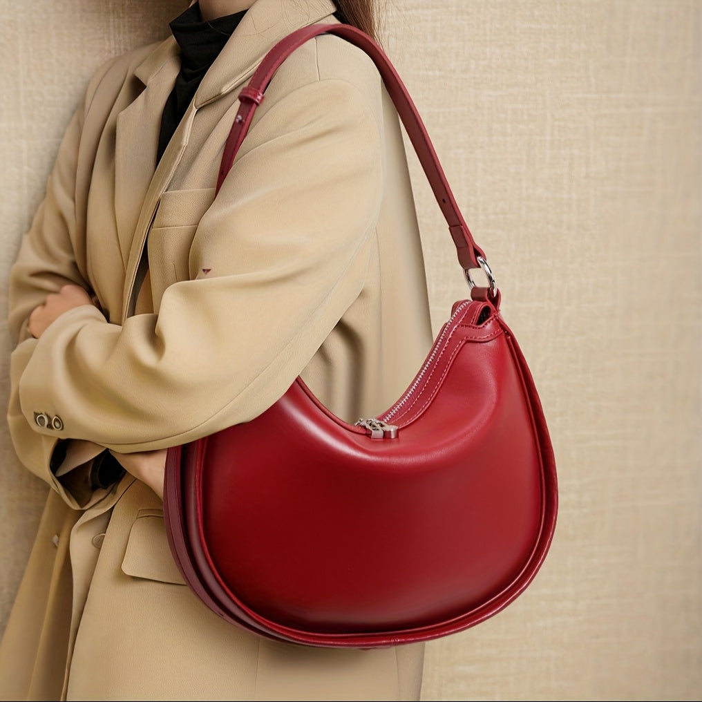 2025 New Genuine Leather Women's Crescent Moon Handbag - Large Capacity Adjustable Shoulder Strap, Zipper Closure, Wine Red with Metallic Accents, Light Luxury Elegant Handbag for Work & Casual Outings, Sophisticated Handbag, Metallic Zipper Closure