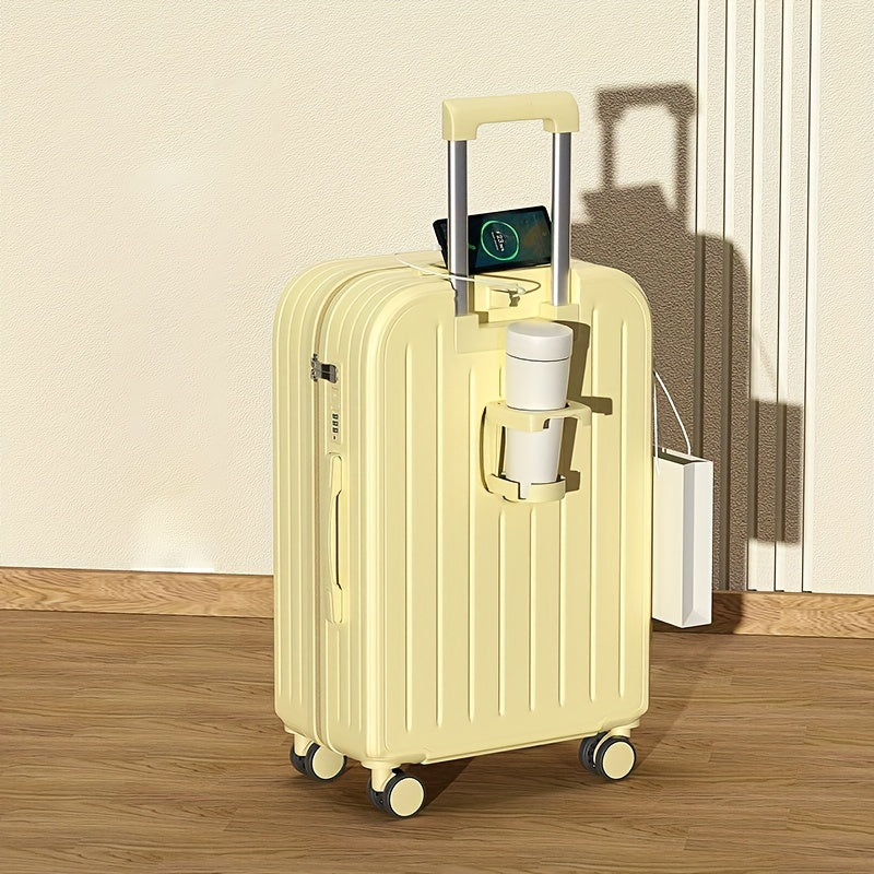 1pc 18-inch Mini Women's Luggage, Yellow Carry-on Suitcase with Cup Holder and USB Port, Lightweight Travel Bag for Short Trips and Business Travel, PC+ABS Material, Zip Closure, Rotating Wheels, Polyester Lining, Ergonomic Handle, No Power, Password Lock