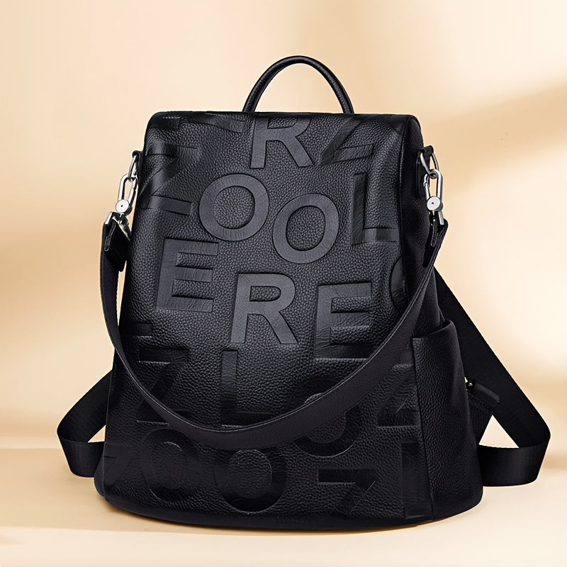 Durable Build Large Capacity Genuine Leather Backpack for Women - Stylish Black Convertible Shoulder Bag with Adjustable Straps, Anti-Theft Design & Unique Letter Print, Backpack Purse