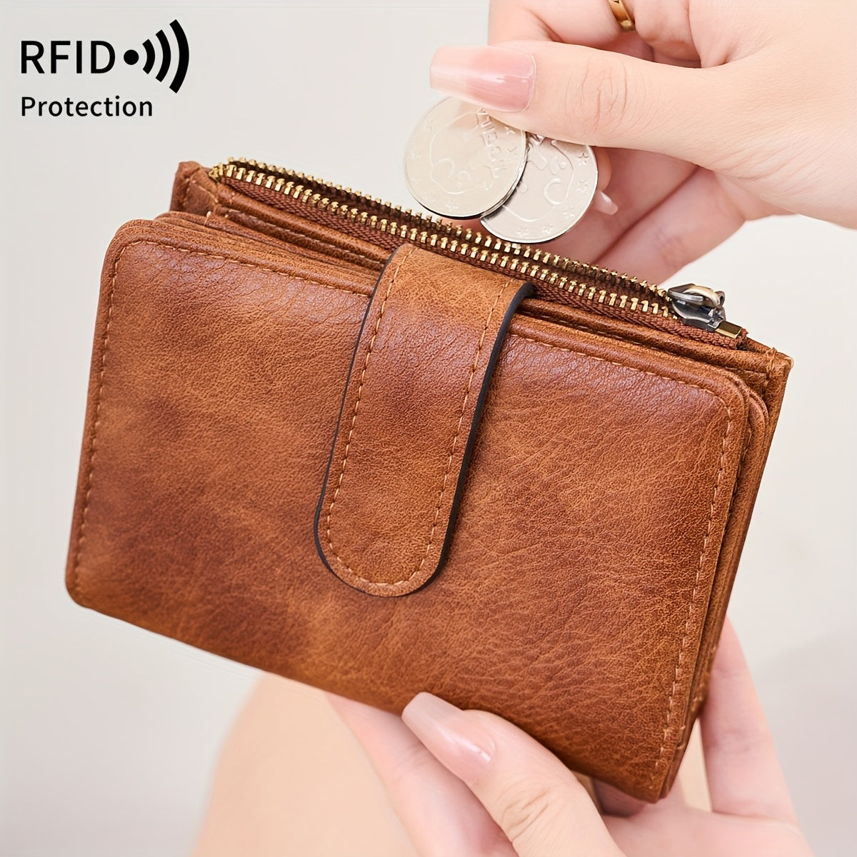 RFID Anti-Theft Wallet Multi-Carat RFID Anti-Theft Wallet - Retro Short Wallet, Solid Color Bifold Coin Purse, Women's Credit Card Holder