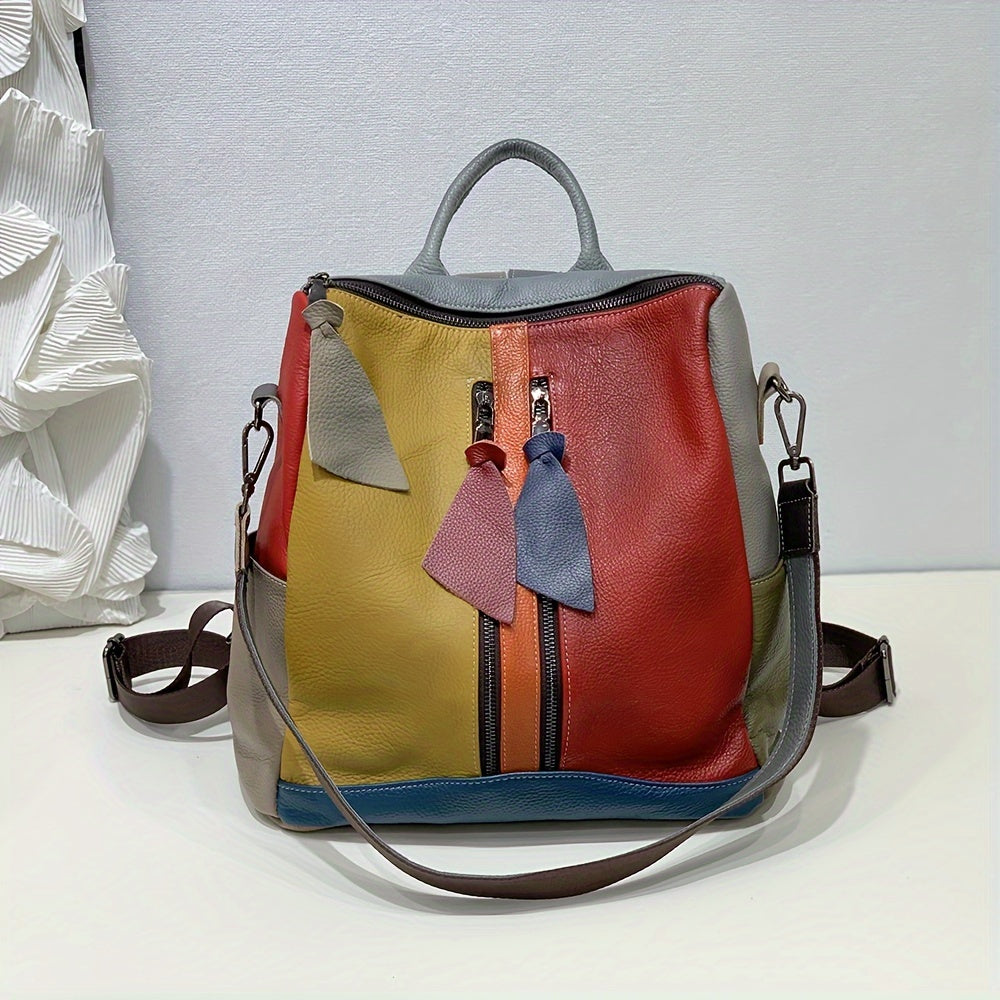 Elegant Vintage Genuine Leather Backpack for Women - Luxury Color Block Design with Detachable Shoulder Straps, Zipper Closure & Polyester Lining, Sophisticated Daypack for Casual, Work, Travel, Backpack for Travel, Adjustable Strap Feature