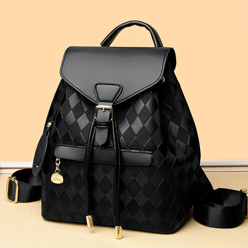 Quilted PU Backpack Coffee Brown & Black Quilted PU Backpack for Women | Adjustable Shoulder Straps, Golden Buckle, and Joyful Face Charm | Perfect for Work, Travel, and Everyday Use