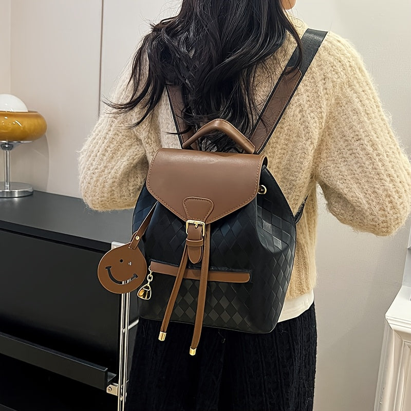 Quilted PU Backpack Coffee Brown & Black Quilted PU Backpack for Women | Adjustable Shoulder Straps, Golden Buckle, and Joyful Face Charm | Perfect for Work, Travel, and Everyday Use