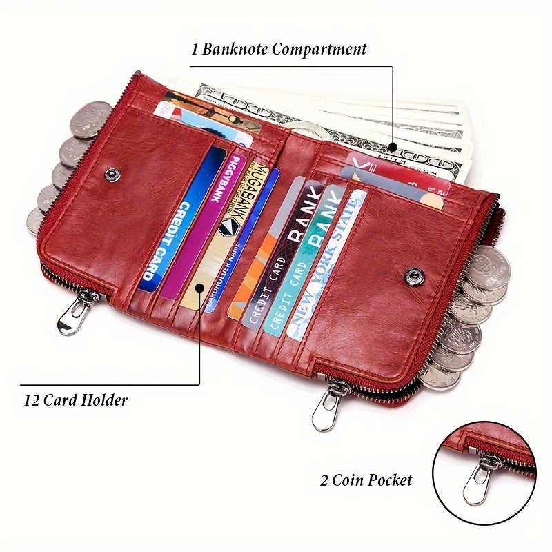 Large Capacity HUMERPAUL Women's Genuine Leather Bifold Wallet with Zipper Pocket, Snap Closure, Polyester Lined, Dry Clean, No Printing, Edge Painted, Casual Style Clutch