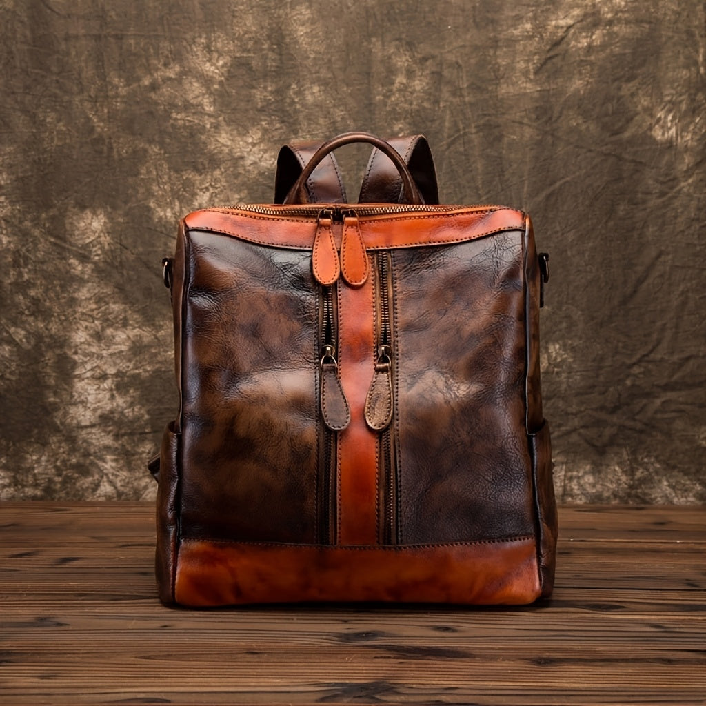 2025 New Women's Genuine Genuine Leather Backpack - Vintage Large Capacity Travel Bag with Adjustable Shoulder Straps, Front Zipper Pocket & Top Handle, Solid Color (Red\u002FYellow\u002FBlack) for Casual & Professional Use