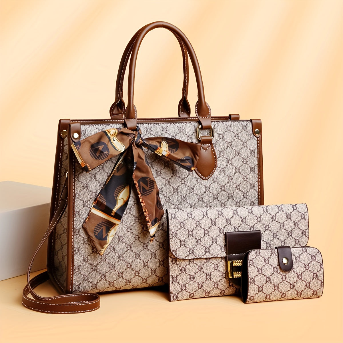 Stylish Large Capacity Tote Bag Three-Piece Set with Handbag and Card Holder for Middle-Aged Women