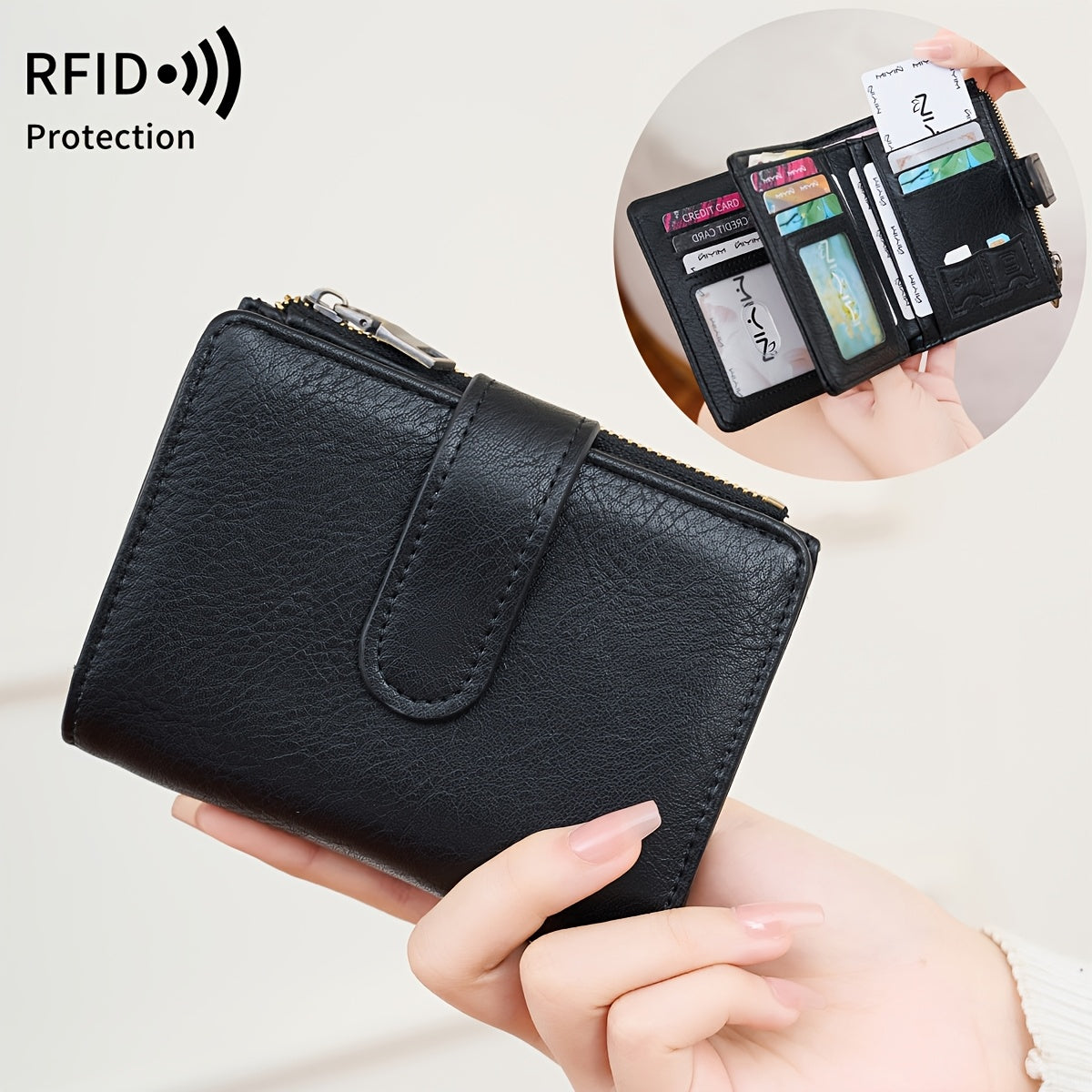 RFID Anti-Theft Wallet Multi-Carat RFID Anti-Theft Wallet - Retro Short Wallet, Solid Color Bifold Coin Purse, Women's Credit Card Holder