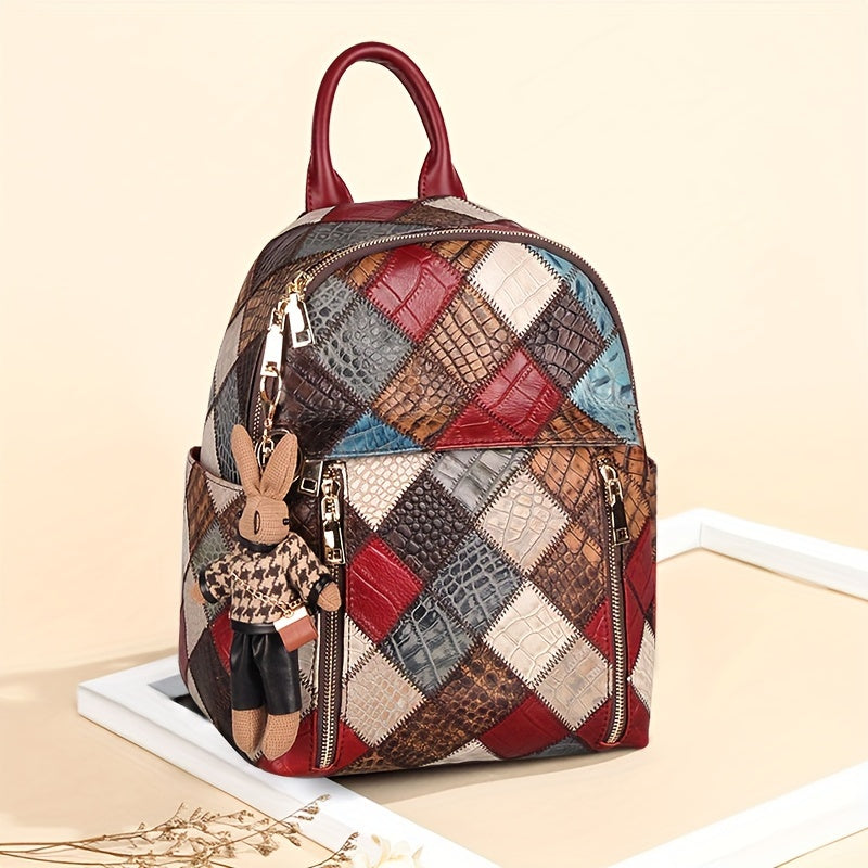 Cobbler Legend Women's Vintage Checkered Backpack - Top-Grain Genuine Leather Travel Bag with Adjustable Straps, Zipper Closure & Polyester Lining, Multi-Color Design for Casual & Holiday Use, Retro Aesthetic, Oiledged Finish