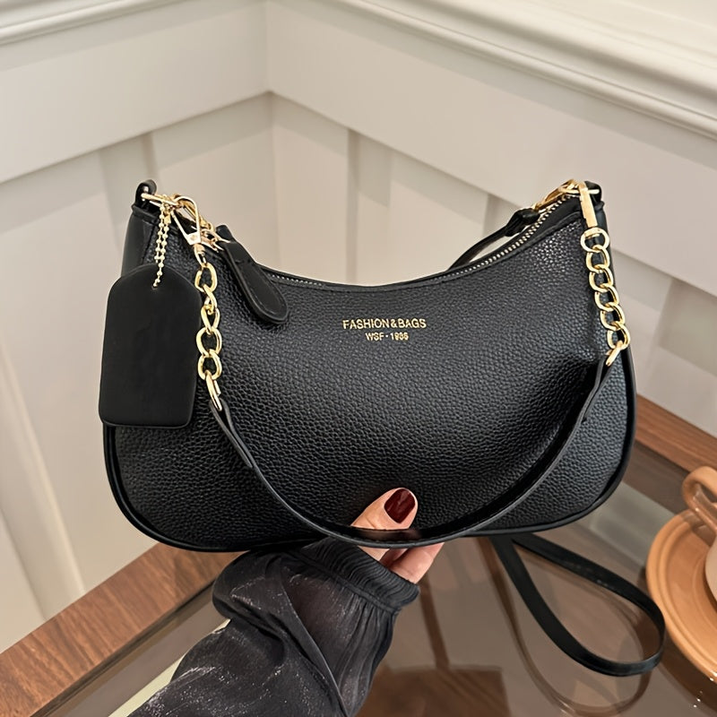 Fashionable And Minimalist Women'S Crescent Shoulder Bag with a Golden-Chain Handle - Featuring a Removable Comfortable Strap, Zipper Closure, Polyester Lining, Perfect for Casual And Everyday Use, Available in Black, White, Brown, And Red