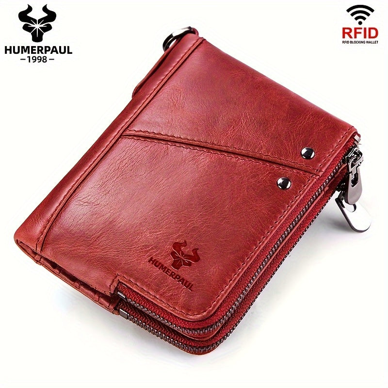 Large Capacity HUMERPAUL Women's Genuine Leather Bifold Wallet with Zipper Pocket, Snap Closure, Polyester Lined, Dry Clean, No Printing, Edge Painted, Casual Style Clutch
