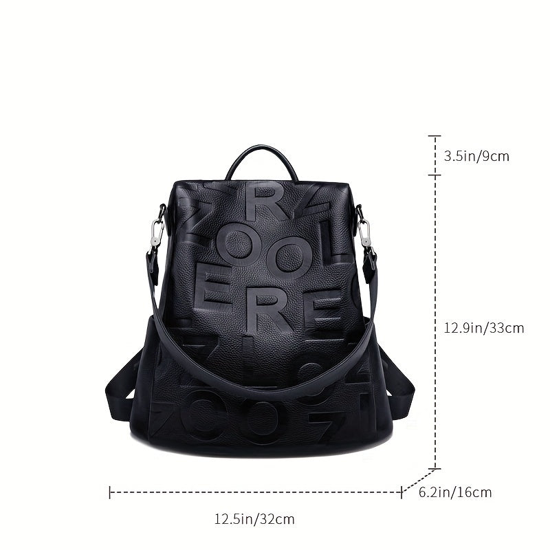 Durable Build Large Capacity Genuine Leather Backpack for Women - Stylish Black Convertible Shoulder Bag with Adjustable Straps, Anti-Theft Design & Unique Letter Print, Backpack Purse