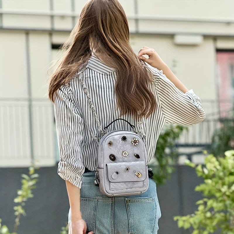 Genuine Leather Women'S Backpack - Soft, Versatile Streetwear Bag with Zipper Closure, Polyester Lining, and Decorative Studs, White or Light Gray, Perfect for Casual Outings, Casual Outing Backpack | Trendy Backpack | Genuine Leather Bag