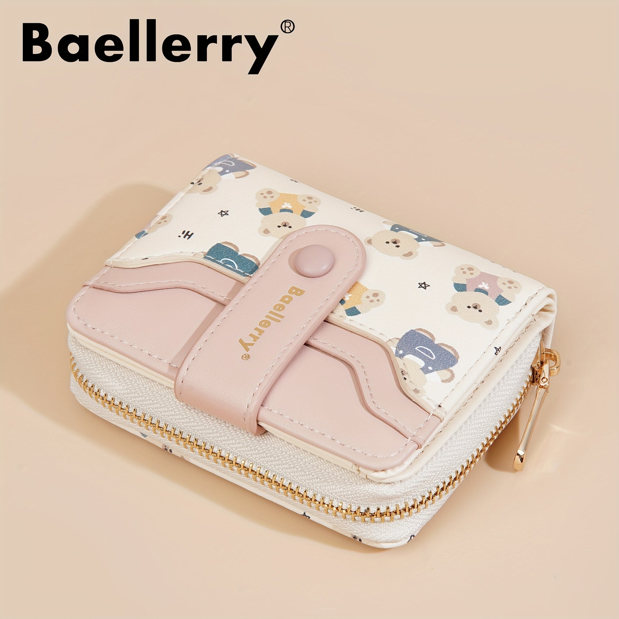 baellerry 1pc Mini Women's Wallet Short Style Bear Cartoon Print Button Credit Card Card Bag Zipper Coin Purse