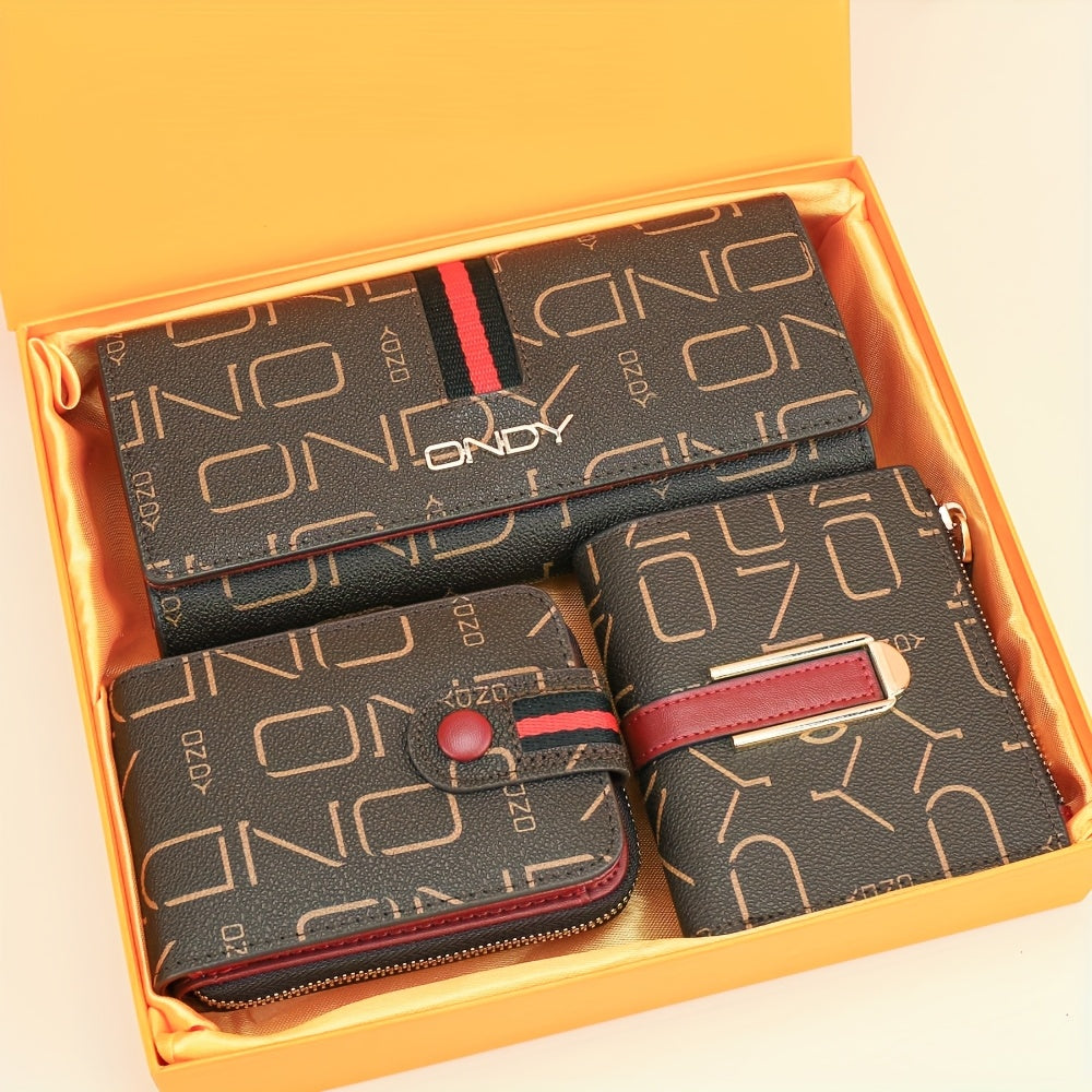 3pcs Women's wallet gift box set, fashionable letter printed long wallet+foldable small wallet+multi slot credit card storage card pack three piece set, the most suitable holiday gift set for girlfriends and mothers