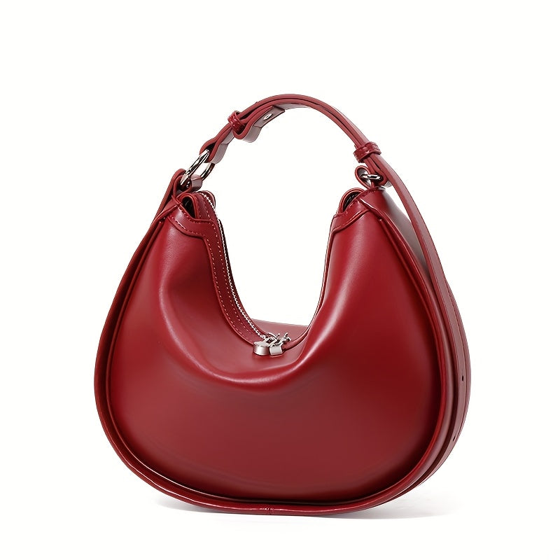 2025 New Genuine Leather Women's Crescent Moon Handbag - Large Capacity Adjustable Shoulder Strap, Zipper Closure, Wine Red with Metallic Accents, Light Luxury Elegant Handbag for Work & Casual Outings, Sophisticated Handbag, Metallic Zipper Closure