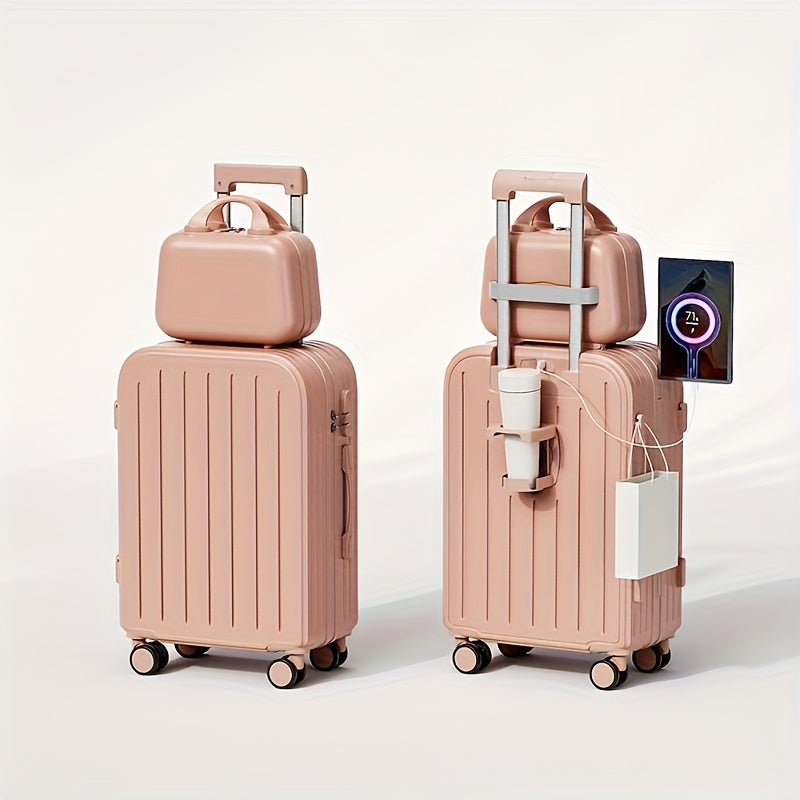 1pc\u002F2pcs Minimalist Solid Color Luggage Case Set, Hard Shell Zipper Trolley Case with Wheels And Square Small Makeup Handbag for Travel\u002FWork\u002FStudy Use