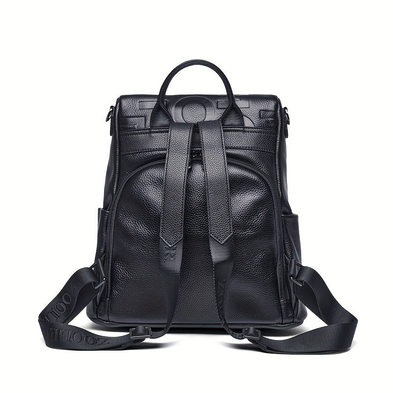 Durable Build Large Capacity Genuine Leather Backpack for Women - Stylish Black Convertible Shoulder Bag with Adjustable Straps, Anti-Theft Design & Unique Letter Print, Backpack Purse