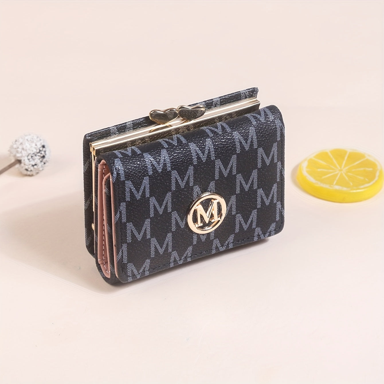 Elegant Mini Trifold Wallet - Stylish Letter Print, Snap Closure, Multiple Card Slots for Women (Available in Pink, White, Black, Dark Brown)