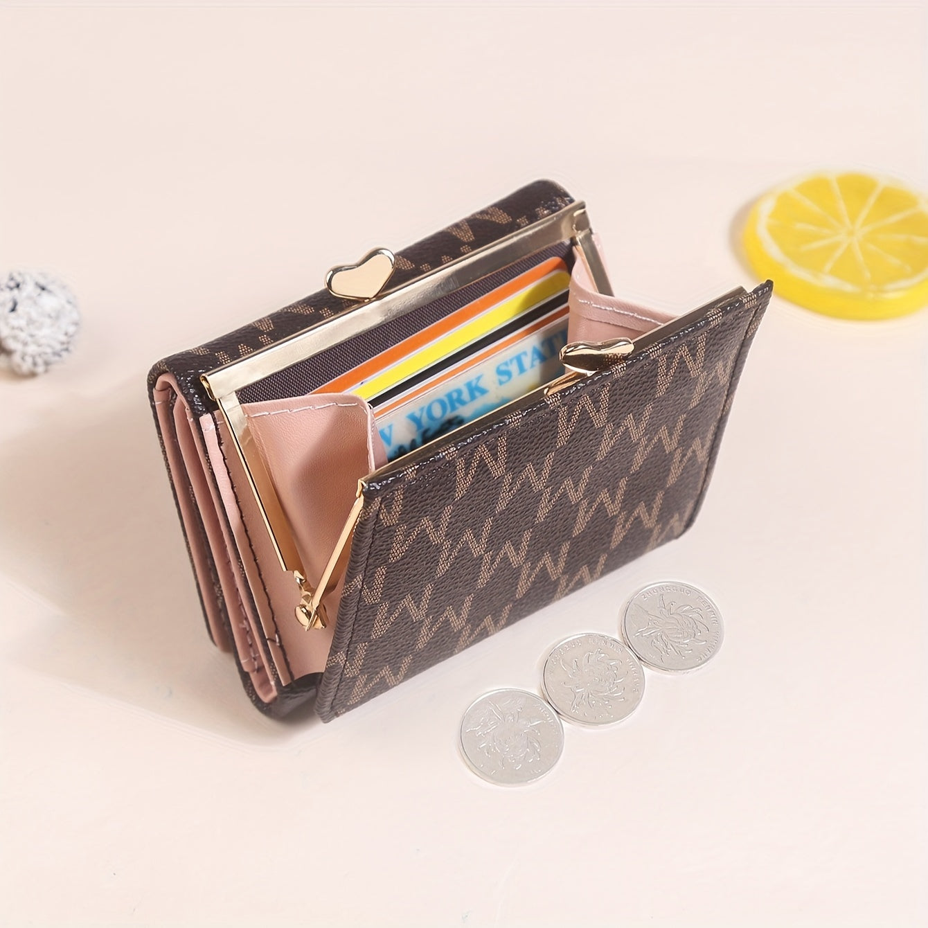 Elegant Mini Trifold Wallet - Stylish Letter Print, Snap Closure, Multiple Card Slots for Women (Available in Pink, White, Black, Dark Brown)