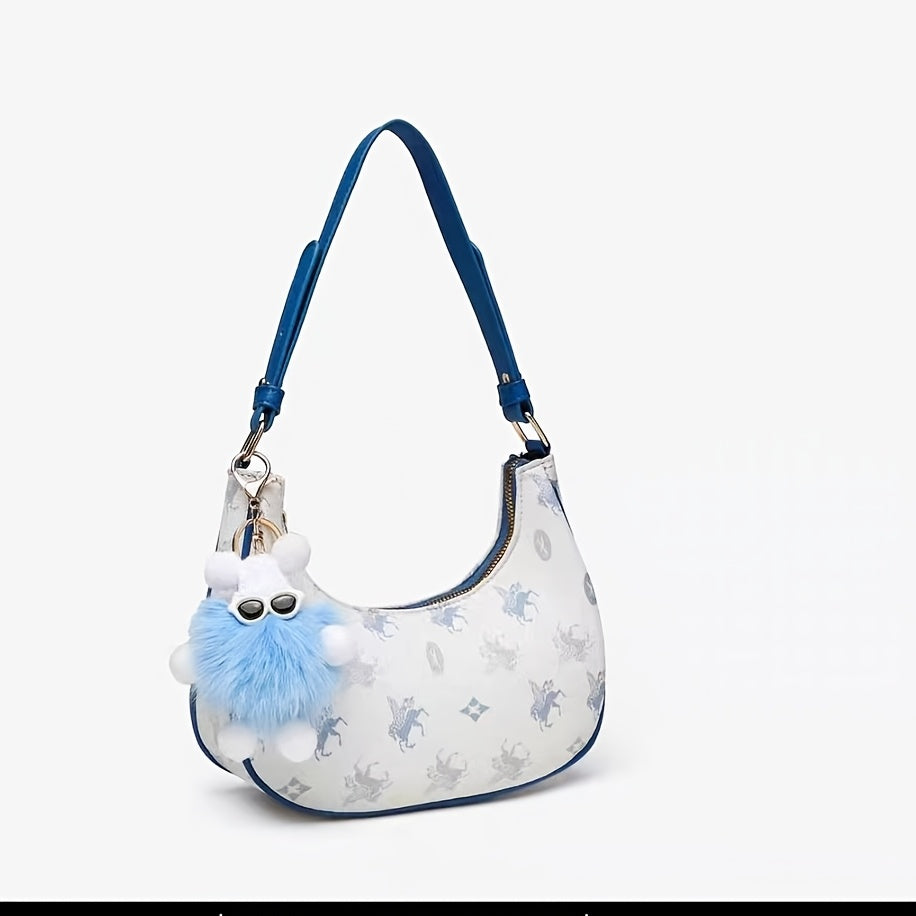 Chic Sky Blue Animal Print Crossbody Bag for Women - Lightweight Synthetic Leather Baguette with Adjustable Strap, Crescent Moon Design, and Fluffy Pom-Pom Charm, Adjustable Shoulder Bag | Crescent Moon Bag | Decorative Pompom Charm, Small Crossbody Bag