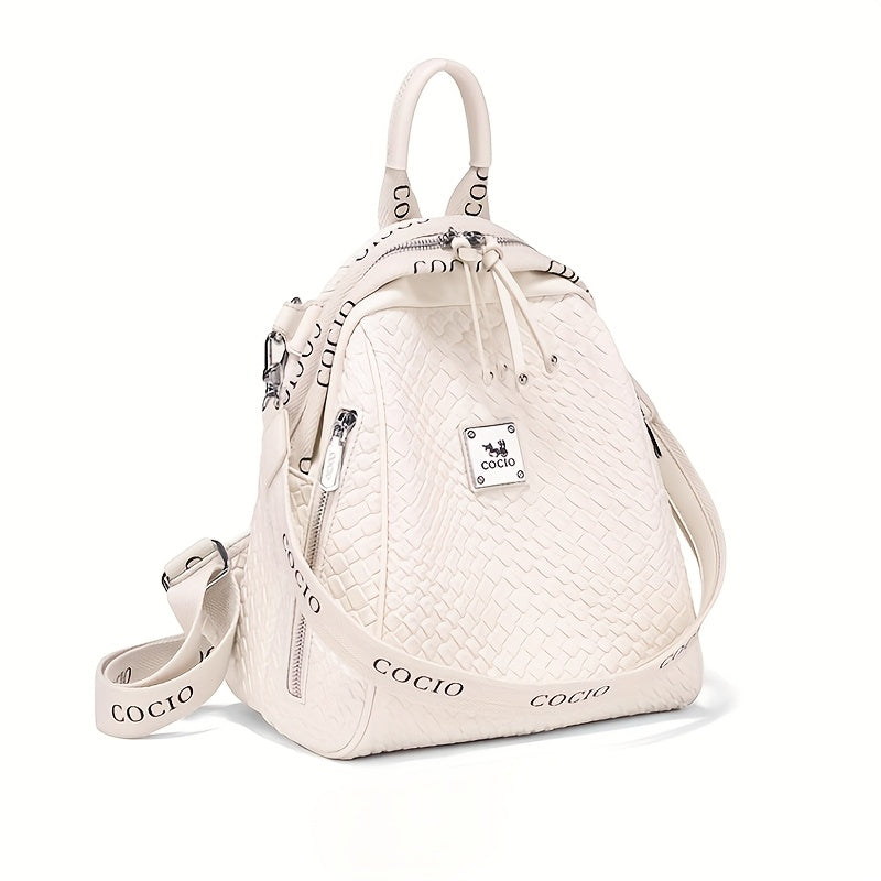 Elegant Floral Print Women'S Backpack - Large Capacity Beige & Brown Split Leather Travel Backpack with Adjustable Straps, Zip Closure, and Polyester Lining for Commuting, Casual, and Travel Use, Backpack for Schoo