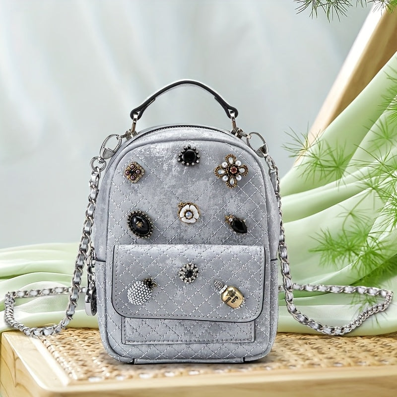 Genuine Leather Women'S Backpack - Soft, Versatile Streetwear Bag with Zipper Closure, Polyester Lining, and Decorative Studs, White or Light Gray, Perfect for Casual Outings, Casual Outing Backpack | Trendy Backpack | Genuine Leather Bag