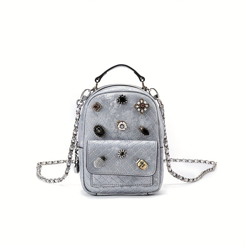Genuine Leather Women'S Backpack - Soft, Versatile Streetwear Bag with Zipper Closure, Polyester Lining, and Decorative Studs, White or Light Gray, Perfect for Casual Outings, Casual Outing Backpack | Trendy Backpack | Genuine Leather Bag