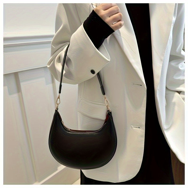 Stylish Retro Half-Moon Women'S Shoulder Bag, Zipper Closure, Fixed Strap, Cream\u002FWhite, Perfect for Daily Commute & Travel, Travel Accessory | Minimalist Design | Bag, Small Crossbody Bag