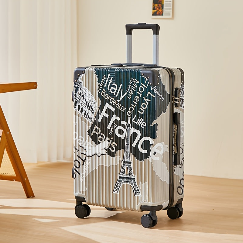 Fashion Graffiti 24-Inch Large Capacity Luggage with Spinner Wheels, TSA Lock, and Retractable Iron Handle - Durable PC+ABS Hard Shell, Zipper Closure, Black\u002FWhite