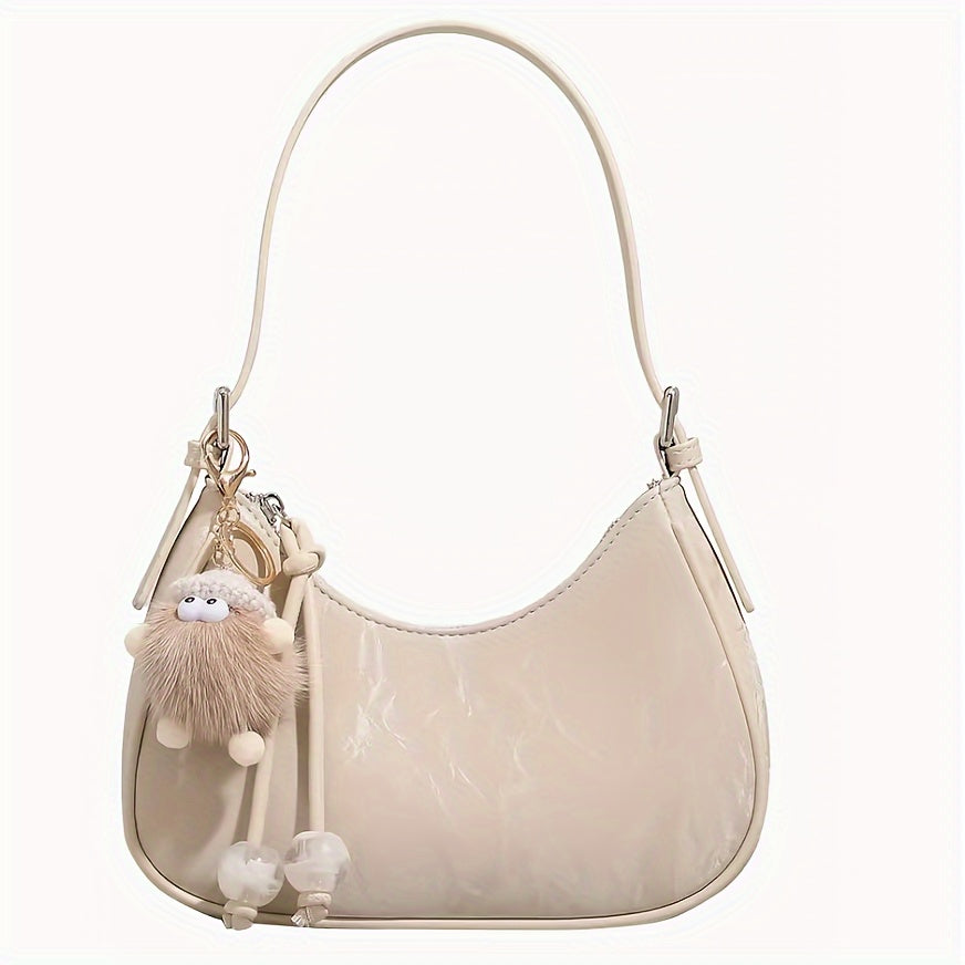 Chic Creamy-White Crescent Moon Crossbody Bag for Women - Adjustable Strap, Zip Closure, Minimalist Design with Pom Pom Charm, Perfect for Spring & Summer