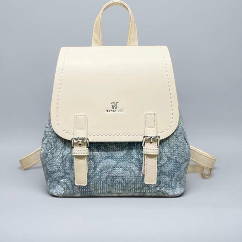 PINKFIRE Women'S Large Capacity Backpack - Stylish Blue Floral Pattern, Adjustable Shoulder Straps, Buckle Closure, High-Quality Split Leather Material, Perfect for Travel & Everyday Use, Backpack for Travel