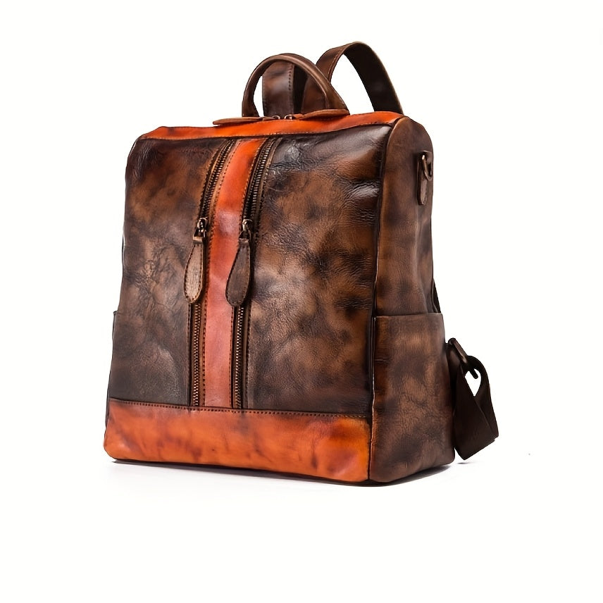 2025 New Women's Genuine Genuine Leather Backpack - Vintage Large Capacity Travel Bag with Adjustable Shoulder Straps, Front Zipper Pocket & Top Handle, Solid Color (Red\u002FYellow\u002FBlack) for Casual & Professional Use