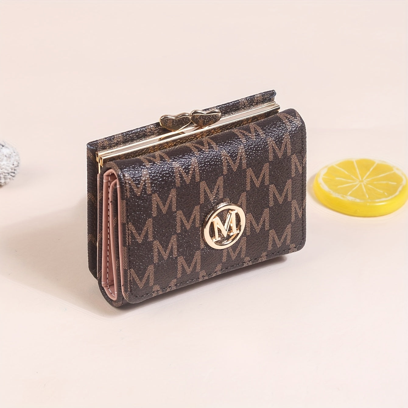Elegant Mini Trifold Wallet - Stylish Letter Print, Snap Closure, Multiple Card Slots for Women (Available in Pink, White, Black, Dark Brown)