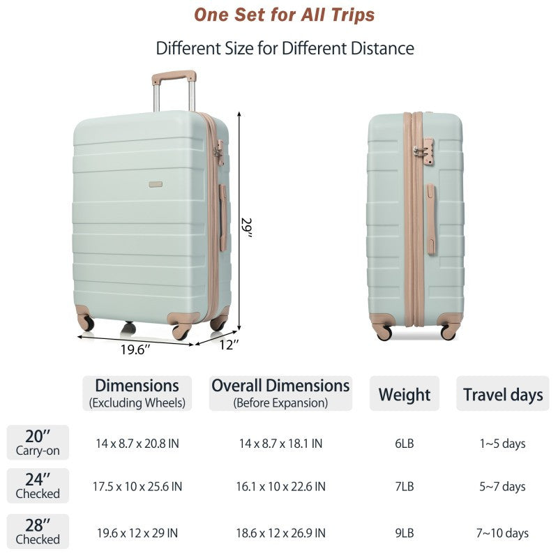 Luggage Sets New Model ABS Hardshell 3pcs Luggage Hardside Lightweight Durable Suitcase sets Spinner Wheels Suitcase with TSA Lock 20''24''28'' Grey Green