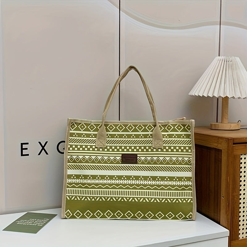 Vintage Ethnic Style Large Capacity Canvas Tote Bag - Fashionable Minimalist Shoulder & Handbag for Work, Commuting, and Everyday Use, Canvas Material, Geometric Pattern, Shoulder Ba