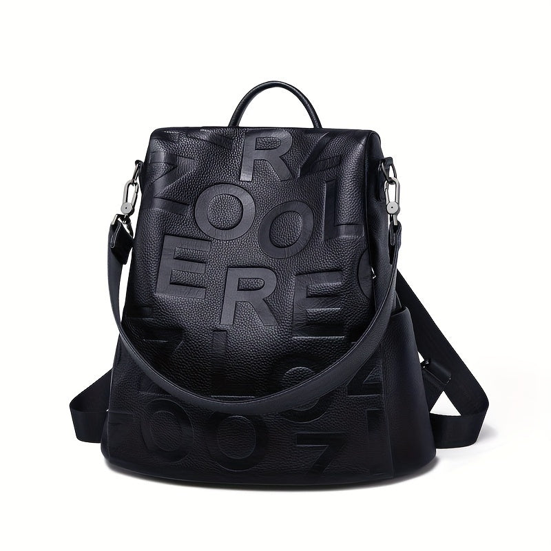 Durable Build Large Capacity Genuine Leather Backpack for Women - Stylish Black Convertible Shoulder Bag with Adjustable Straps, Anti-Theft Design & Unique Letter Print, Backpack Purse