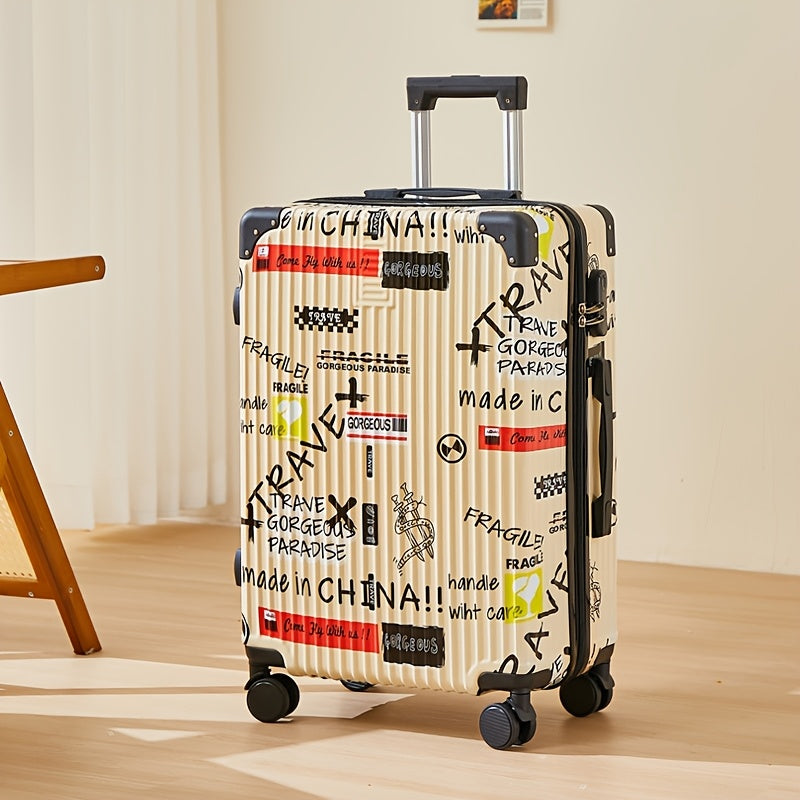 Fashion Graffiti 24-Inch Large Capacity Luggage with Spinner Wheels, TSA Lock, and Retractable Iron Handle - Durable PC+ABS Hard Shell, Zipper Closure, Black\u002FWhite