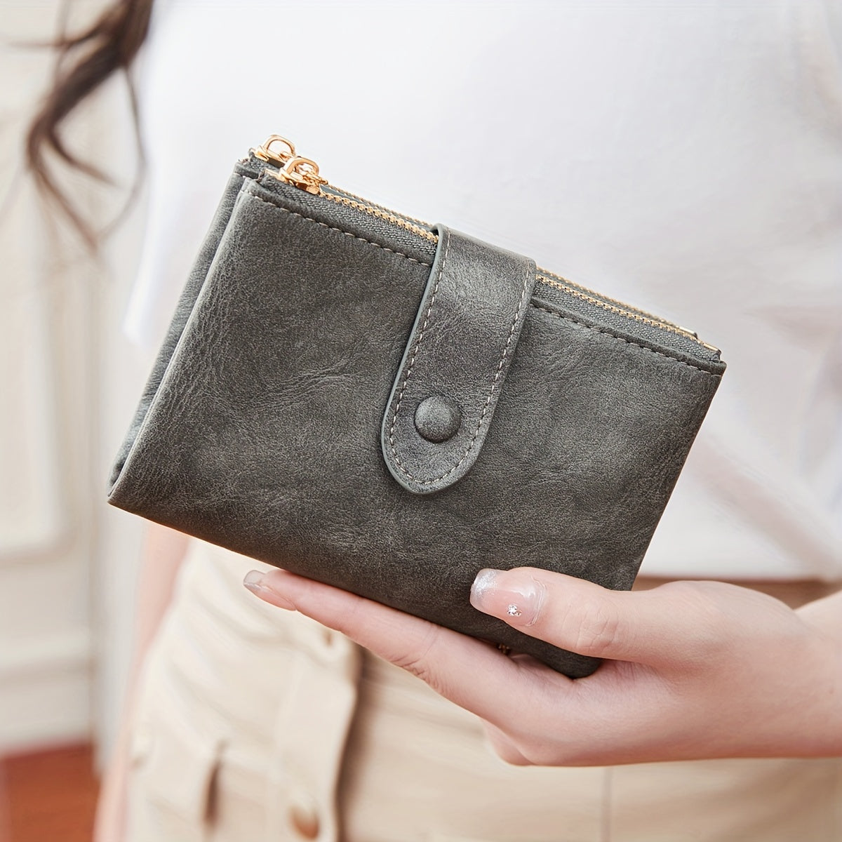Three-Fold Retro Wallet with RFID Blocking, Multiple Card Slots, Button and Magnetic Snap Closures