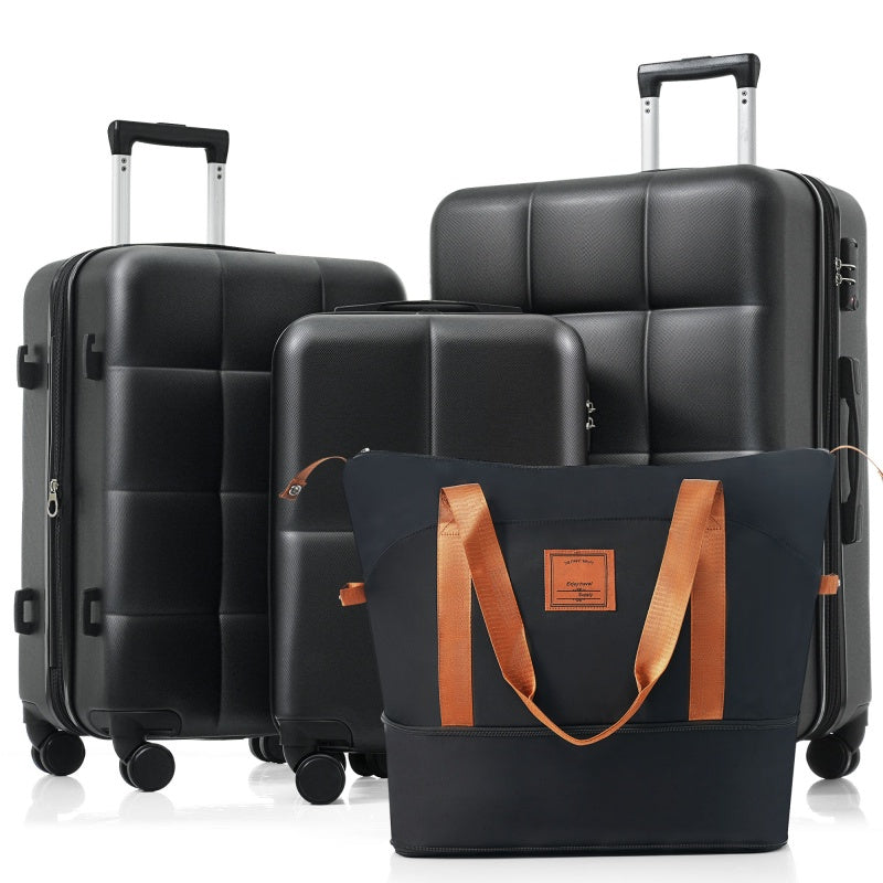Luggage Sets 4pcs 20inch with USB Port Expandable ABS Durable Suitcase with Travel Bag Cup Holder ABS Hard Shell Luggage with Spinner Wheels black and brown