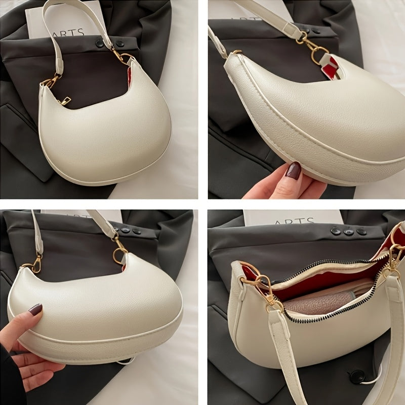 1pc Luxury Crossbody Bag Luxury Women's 1pc Crescent Crossbody Bag | Detachable Adjustable Strap, Magnetic Closure, Golden-Tone Hardware | Coffee Brown\u002FWhite\u002FRed\u002FBlack, Polyester Lined Interior