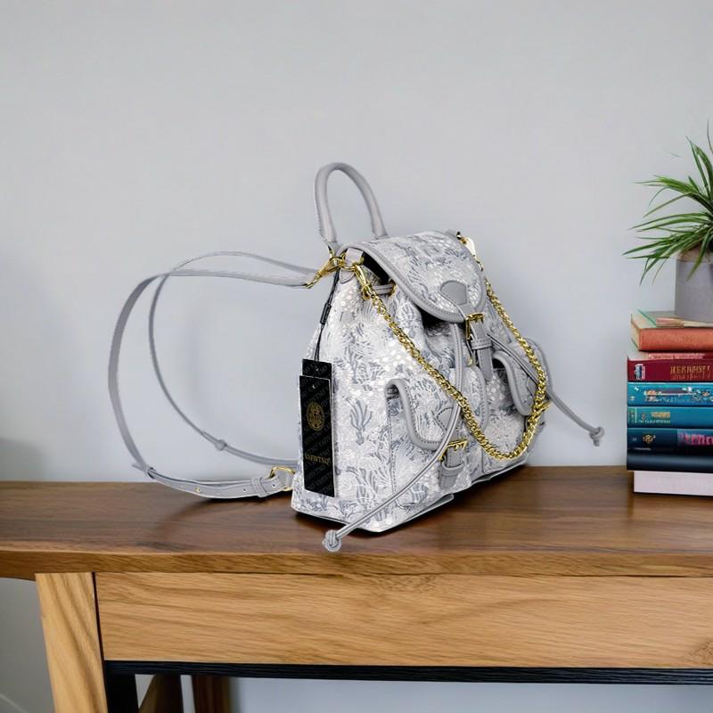 Women's Elegant Floral Print Crossbody Backpack - Convertible Shoulder Bag with Golden-Tone Hardware, Detachable Chain Strap & Wrist Strap, Secure Clasp Closure, Durable Second-Layer for Daily Use & Special Occasions