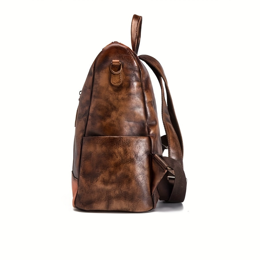 2025 New Women's Genuine Genuine Leather Backpack - Vintage Large Capacity Travel Bag with Adjustable Shoulder Straps, Front Zipper Pocket & Top Handle, Solid Color (Red\u002FYellow\u002FBlack) for Casual & Professional Use